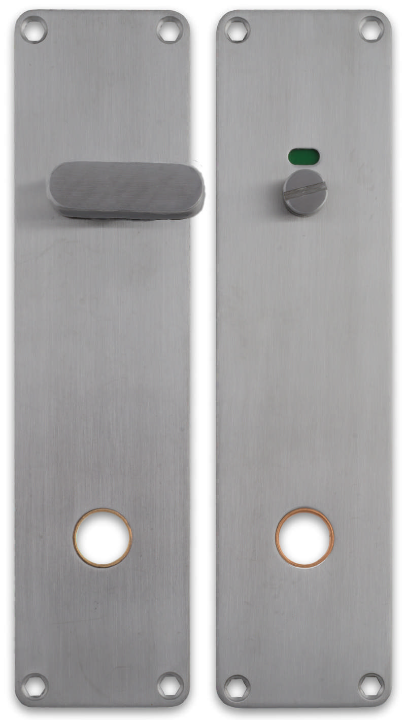 Långskylt för handikapptoalettpersonal Assa 2x 215x55x2mm i rostfritt stål 304 med mässingsring C/C105