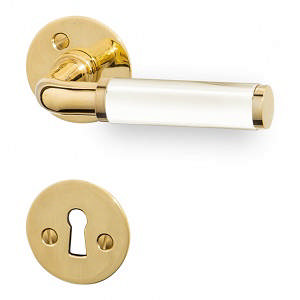 Dörrhandtag Funkis 383 med set (1980+81) Mässing Polerad Utan lack Vit Bakelit Ø2