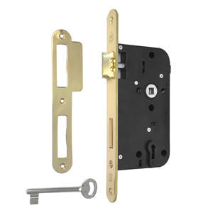 Mittdörrlås SINA D 55mm + Plåt 235x24mm rund HV Mässing Polerad med lack CC 72m