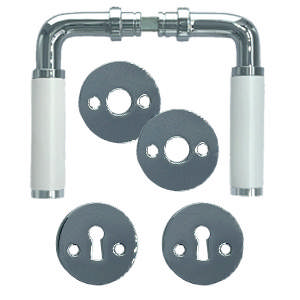 Dörrhandtag Funkis 383 med set (1980+81) Krom Vit Bakelit Ø20